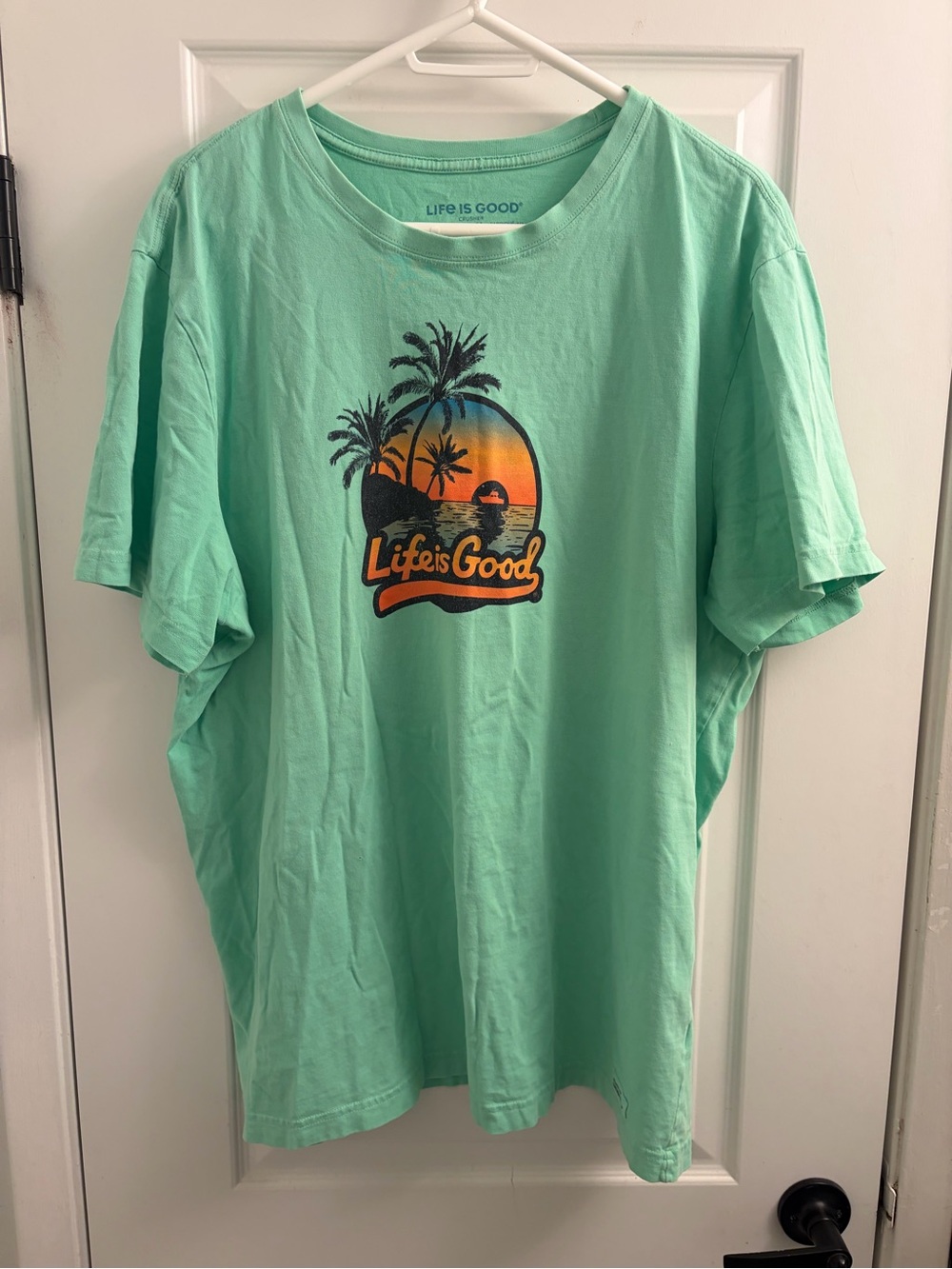 Life Is Good Men’s Short-Sleeve Graphic Tee in Mint Green with Sunset Palm